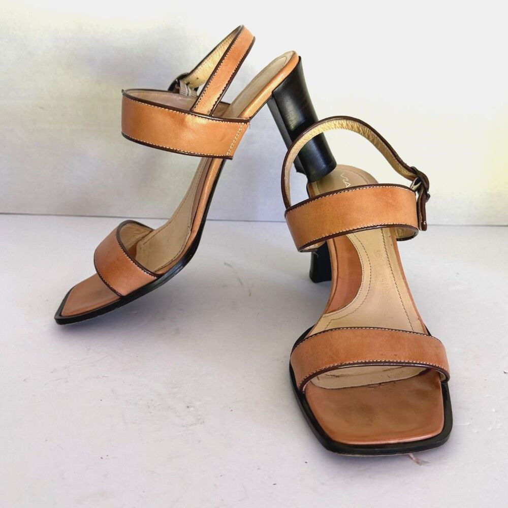 Via Spiga, Tan Brown Leather Square Toe Block Heel Single Strap Sandal, 8.5 90s